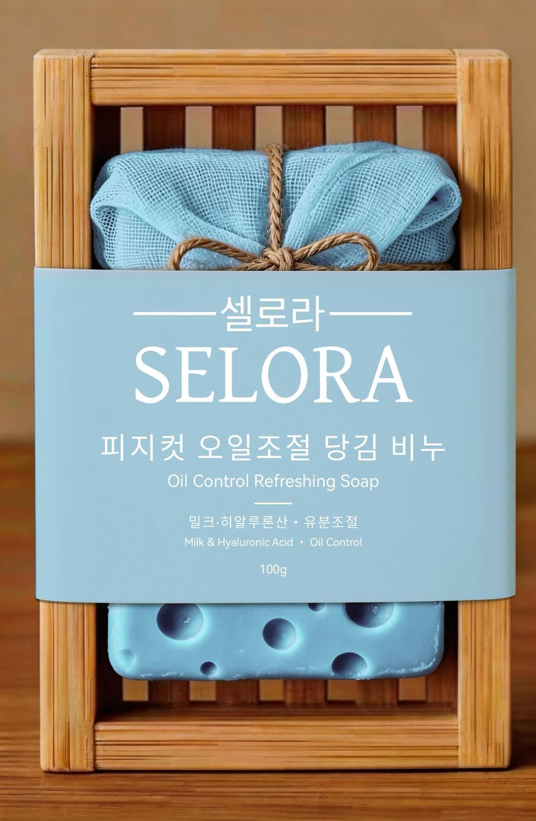 SELORA oil-control refreshing soap — blue soap bar and mesh pouch in a bamboo crate