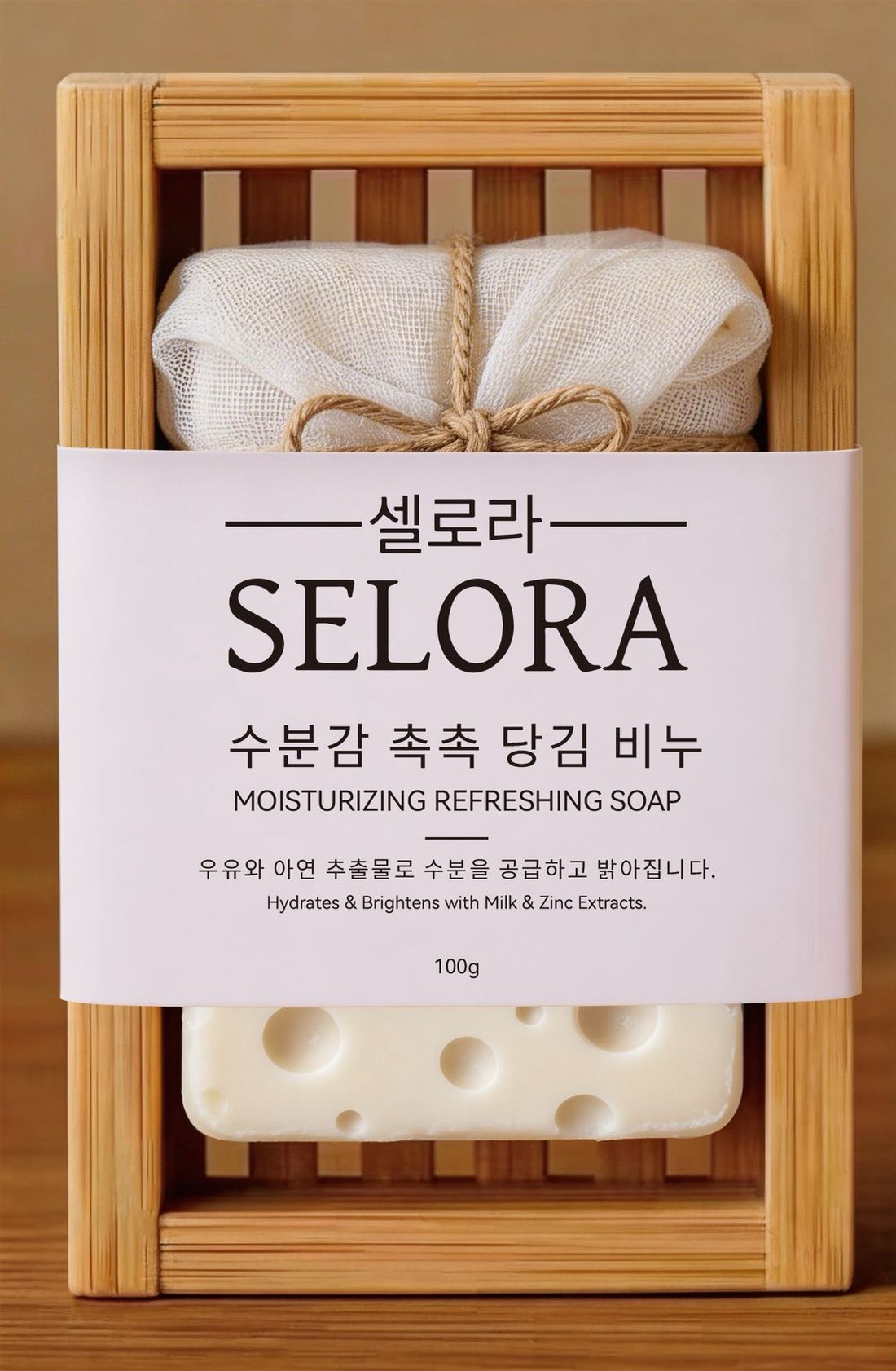 SELORA moisturizing refreshing soap — cream soap bar and mesh pouch in a bamboo crate