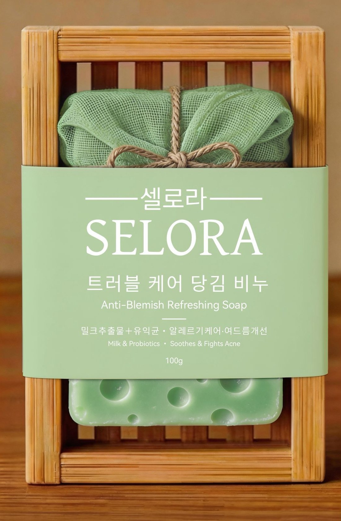SELORA anti-blemish refreshing soap — green soap bar and mesh pouch in a bamboo crate